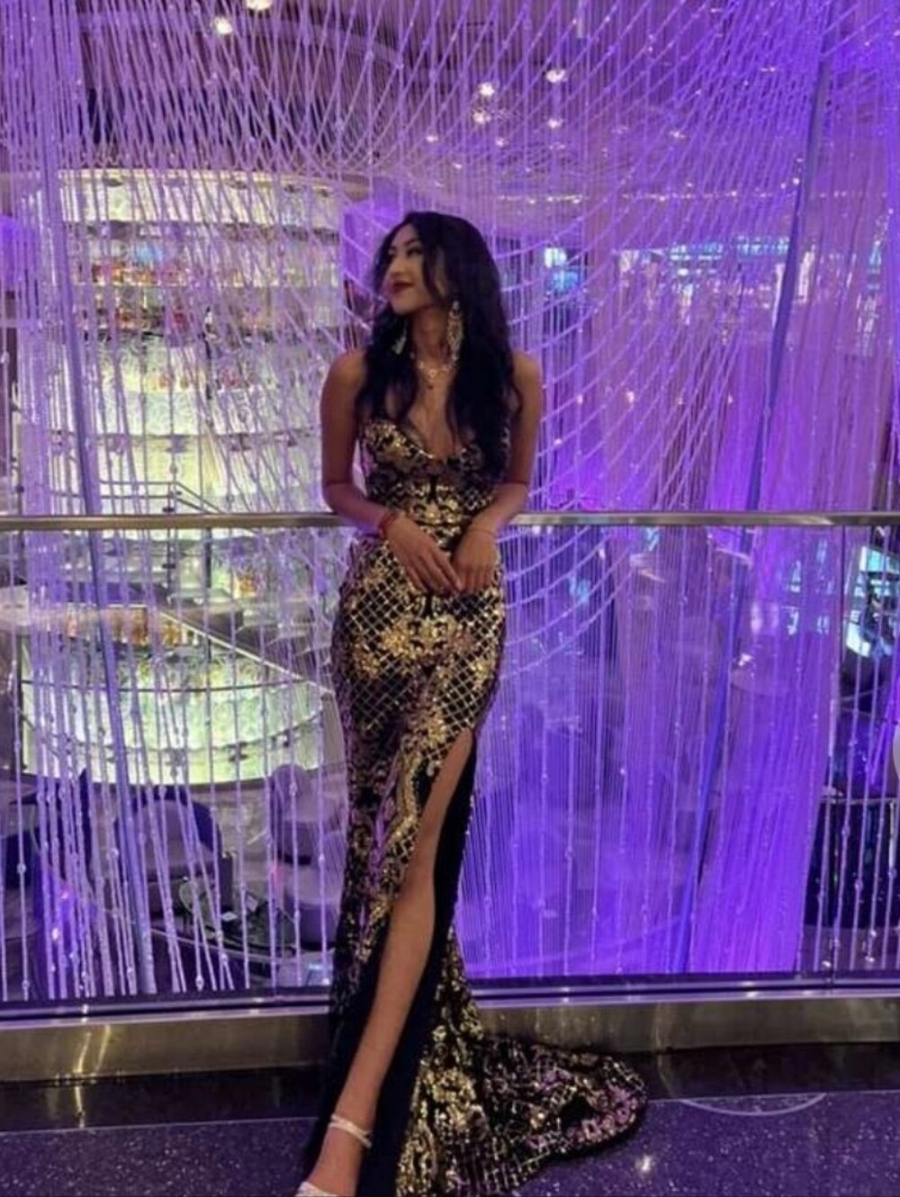 Black and Gold Spaghetti Strap,  Sleeveless, Strappy, Sequined, and Mesh Gown - Picture 9 of 9